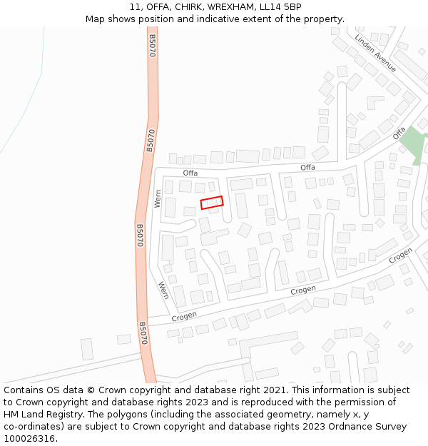 11, OFFA, CHIRK, WREXHAM, LL14 5BP: Location map and indicative extent of plot