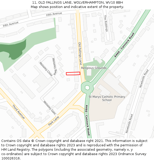 11, OLD FALLINGS LANE, WOLVERHAMPTON, WV10 8BH: Location map and indicative extent of plot