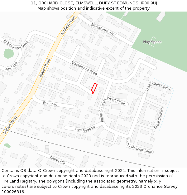 11, ORCHARD CLOSE, ELMSWELL, BURY ST EDMUNDS, IP30 9UJ: Location map and indicative extent of plot