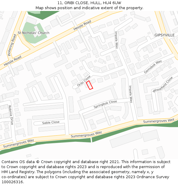 11, ORIBI CLOSE, HULL, HU4 6UW: Location map and indicative extent of plot