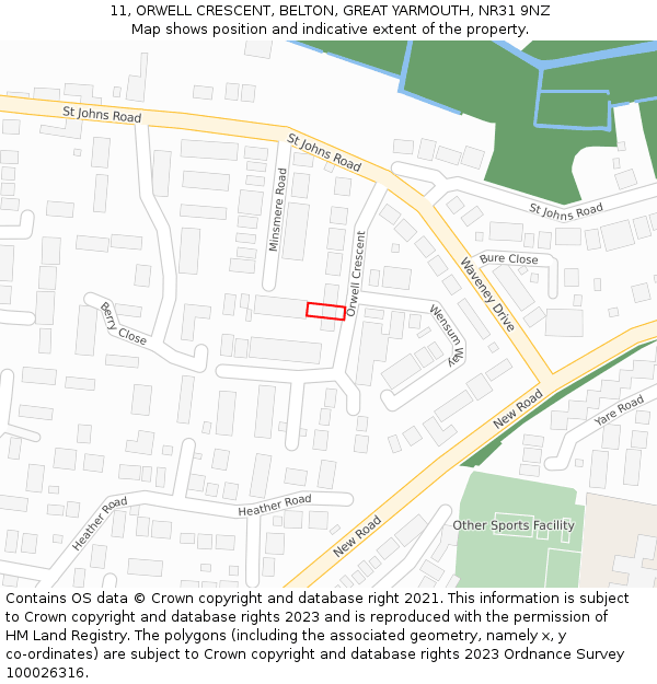 11, ORWELL CRESCENT, BELTON, GREAT YARMOUTH, NR31 9NZ: Location map and indicative extent of plot