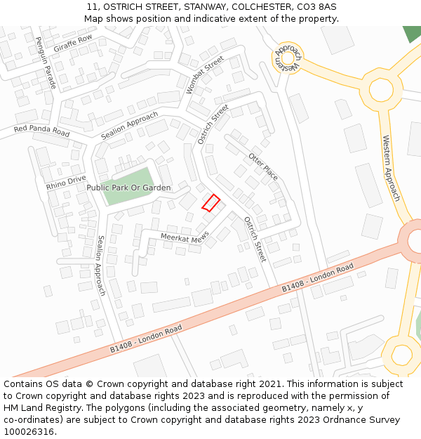 11, OSTRICH STREET, STANWAY, COLCHESTER, CO3 8AS: Location map and indicative extent of plot