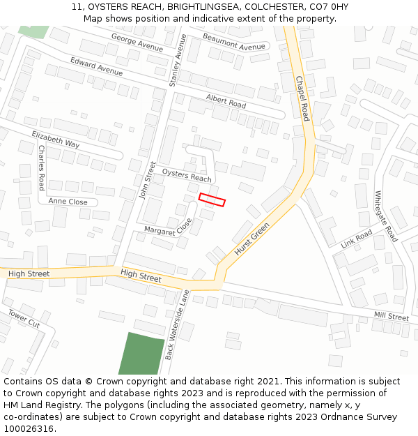 11, OYSTERS REACH, BRIGHTLINGSEA, COLCHESTER, CO7 0HY: Location map and indicative extent of plot