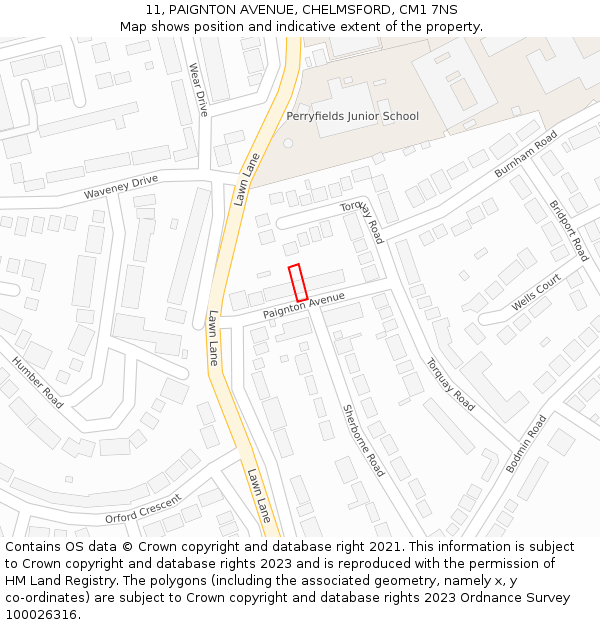 11, PAIGNTON AVENUE, CHELMSFORD, CM1 7NS: Location map and indicative extent of plot