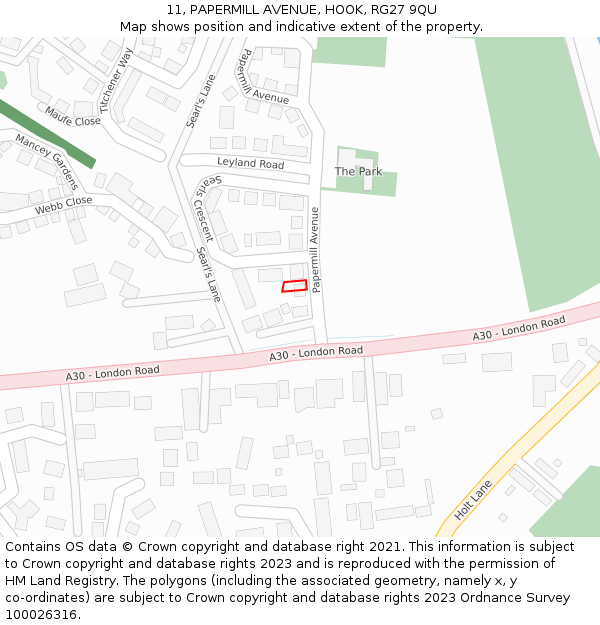11, PAPERMILL AVENUE, HOOK, RG27 9QU: Location map and indicative extent of plot