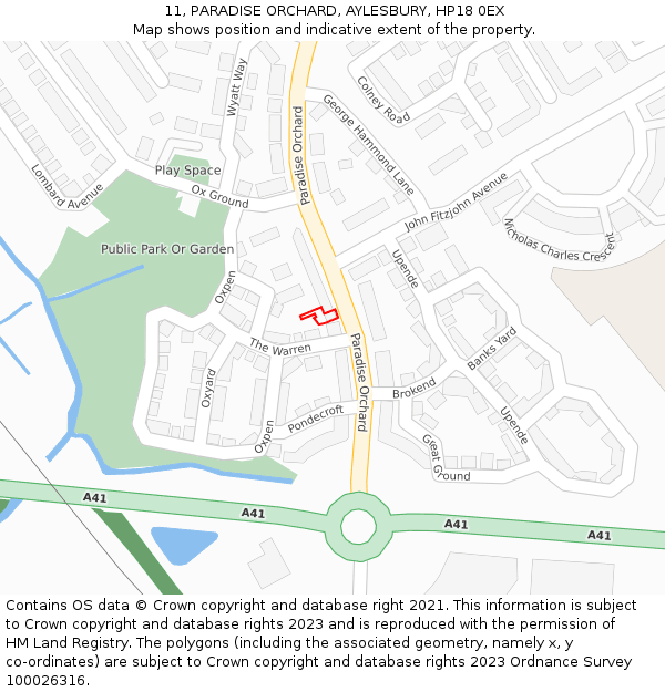 11, PARADISE ORCHARD, AYLESBURY, HP18 0EX: Location map and indicative extent of plot