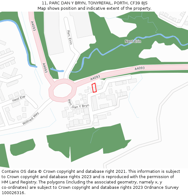 11, PARC DAN Y BRYN, TONYREFAIL, PORTH, CF39 8JS: Location map and indicative extent of plot