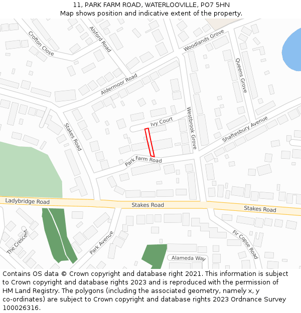11, PARK FARM ROAD, WATERLOOVILLE, PO7 5HN: Location map and indicative extent of plot