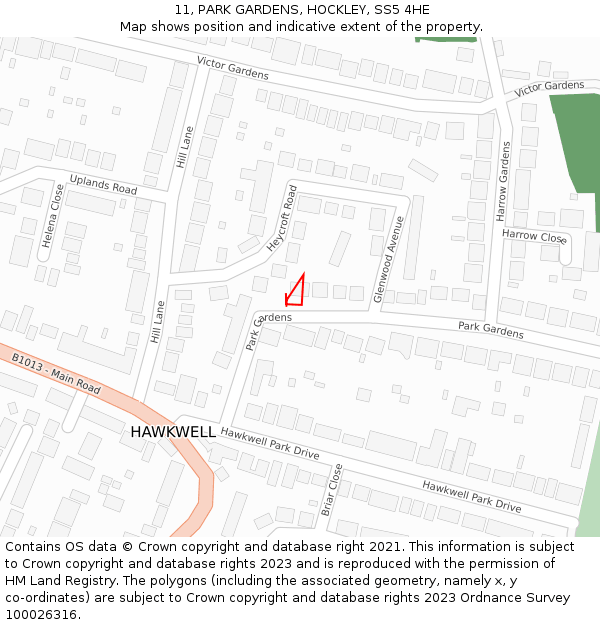 11, PARK GARDENS, HOCKLEY, SS5 4HE: Location map and indicative extent of plot