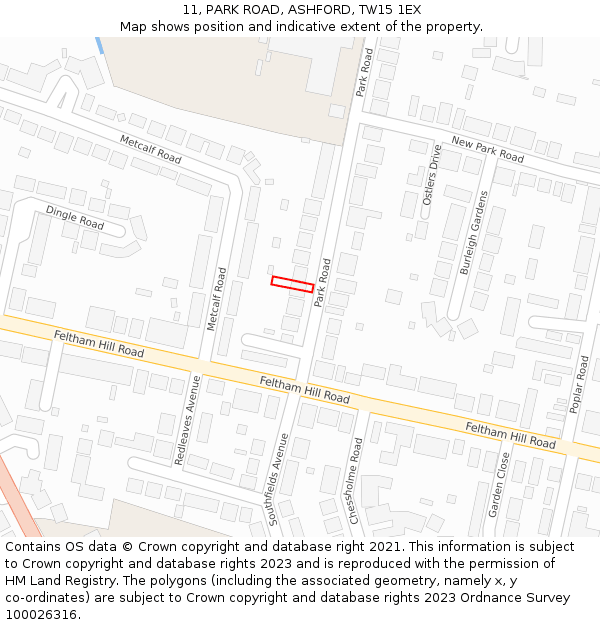 11, PARK ROAD, ASHFORD, TW15 1EX: Location map and indicative extent of plot