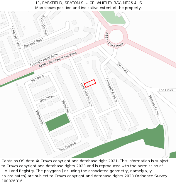 11, PARKFIELD, SEATON SLUICE, WHITLEY BAY, NE26 4HS: Location map and indicative extent of plot