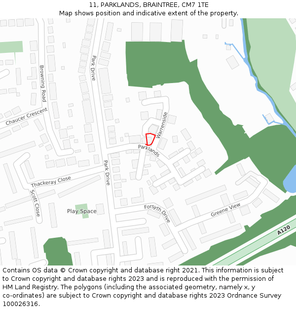 11, PARKLANDS, BRAINTREE, CM7 1TE: Location map and indicative extent of plot