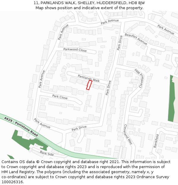 11, PARKLANDS WALK, SHELLEY, HUDDERSFIELD, HD8 8JW: Location map and indicative extent of plot