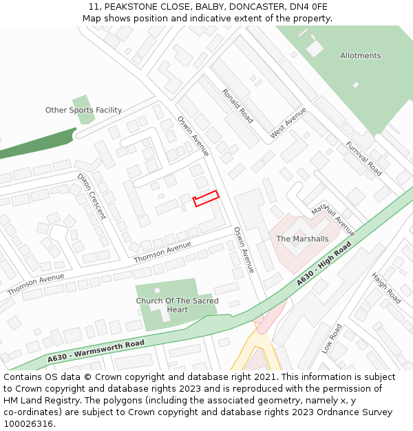 11, PEAKSTONE CLOSE, BALBY, DONCASTER, DN4 0FE: Location map and indicative extent of plot