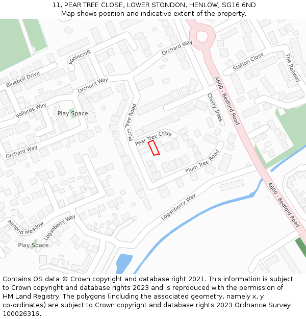 11, PEAR TREE CLOSE, LOWER STONDON, HENLOW, SG16 6ND: Location map and indicative extent of plot