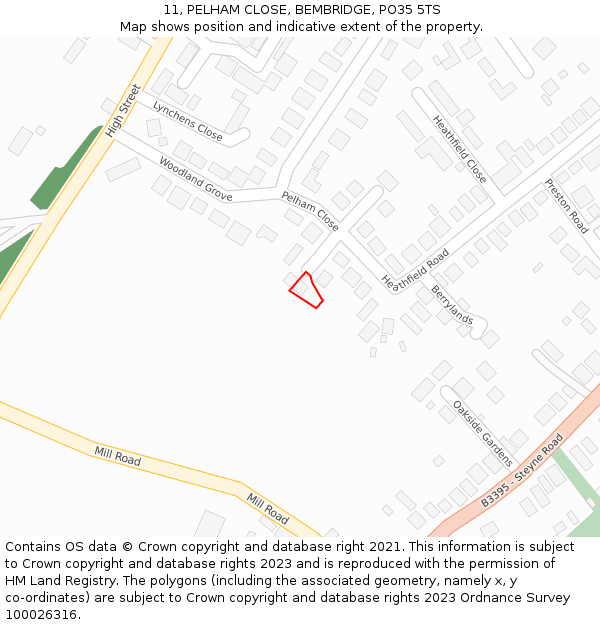 11, PELHAM CLOSE, BEMBRIDGE, PO35 5TS: Location map and indicative extent of plot