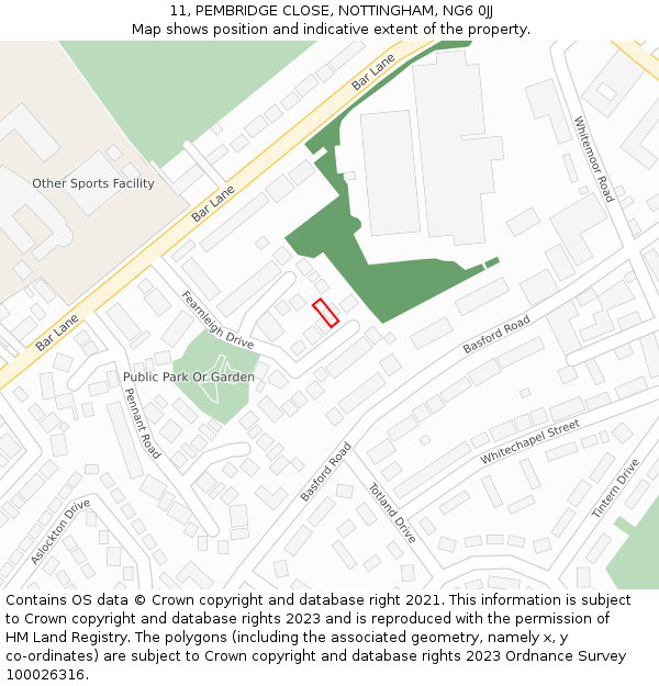 11, PEMBRIDGE CLOSE, NOTTINGHAM, NG6 0JJ: Location map and indicative extent of plot