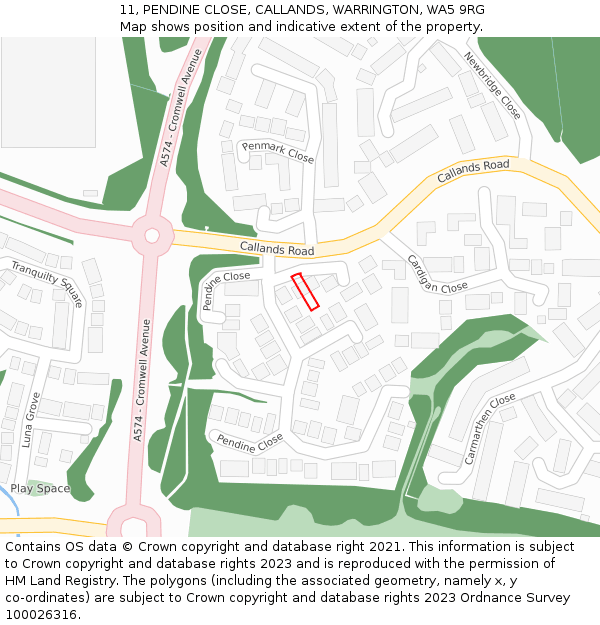 11, PENDINE CLOSE, CALLANDS, WARRINGTON, WA5 9RG: Location map and indicative extent of plot