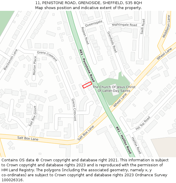 11, PENISTONE ROAD, GRENOSIDE, SHEFFIELD, S35 8QH: Location map and indicative extent of plot