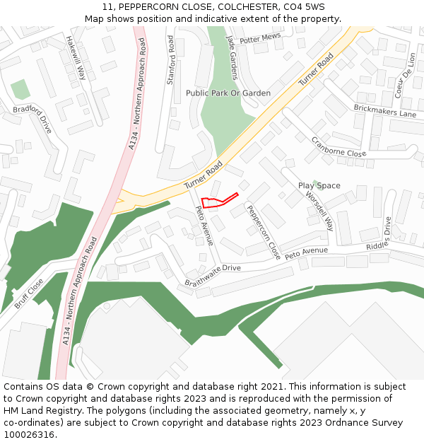 11, PEPPERCORN CLOSE, COLCHESTER, CO4 5WS: Location map and indicative extent of plot