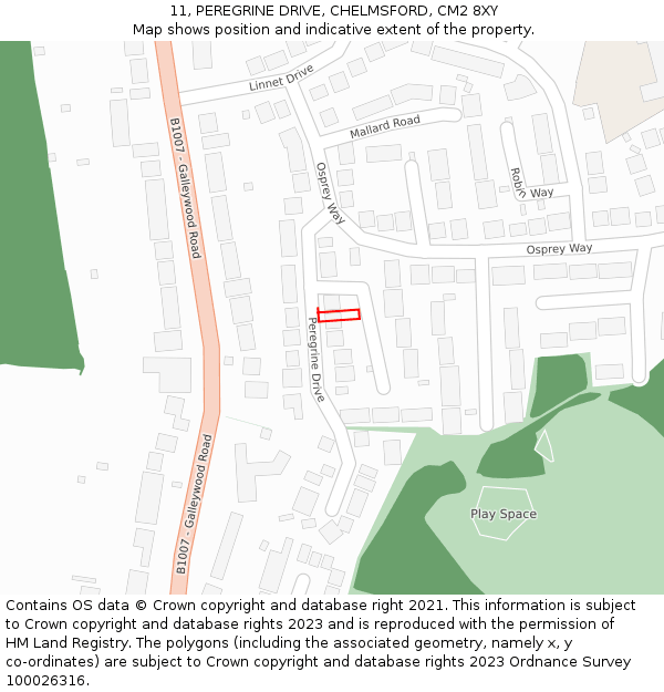 11, PEREGRINE DRIVE, CHELMSFORD, CM2 8XY: Location map and indicative extent of plot