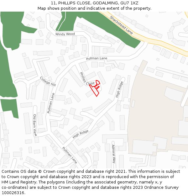 11, PHILLIPS CLOSE, GODALMING, GU7 1XZ: Location map and indicative extent of plot
