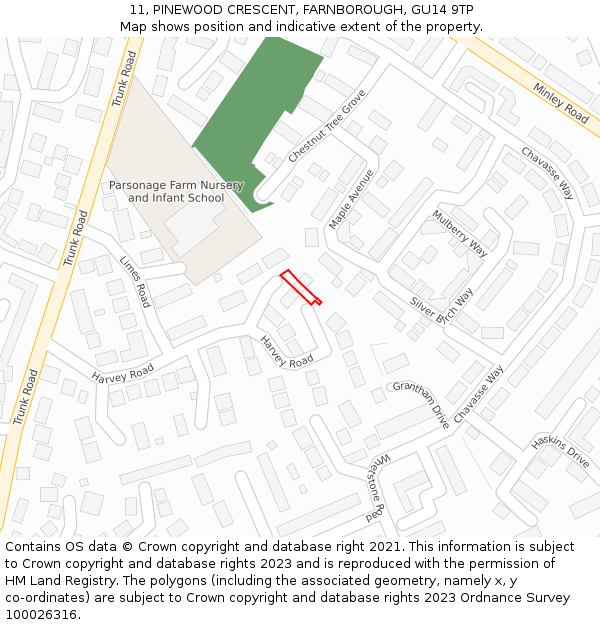 11, PINEWOOD CRESCENT, FARNBOROUGH, GU14 9TP: Location map and indicative extent of plot