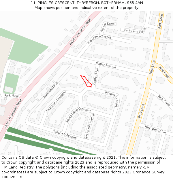 11, PINGLES CRESCENT, THRYBERGH, ROTHERHAM, S65 4AN: Location map and indicative extent of plot