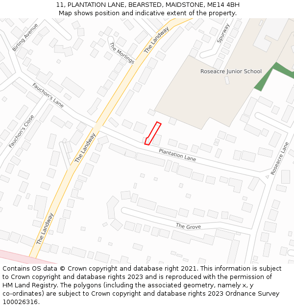 11, PLANTATION LANE, BEARSTED, MAIDSTONE, ME14 4BH: Location map and indicative extent of plot