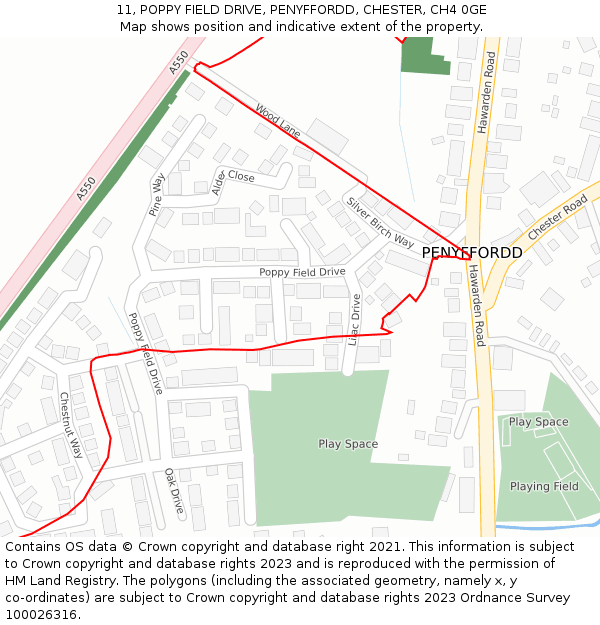 11, POPPY FIELD DRIVE, PENYFFORDD, CHESTER, CH4 0GE: Location map and indicative extent of plot