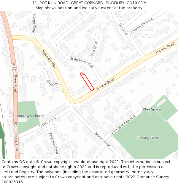 11, POT KILN ROAD, GREAT CORNARD, SUDBURY, CO10 0DA: Location map and indicative extent of plot