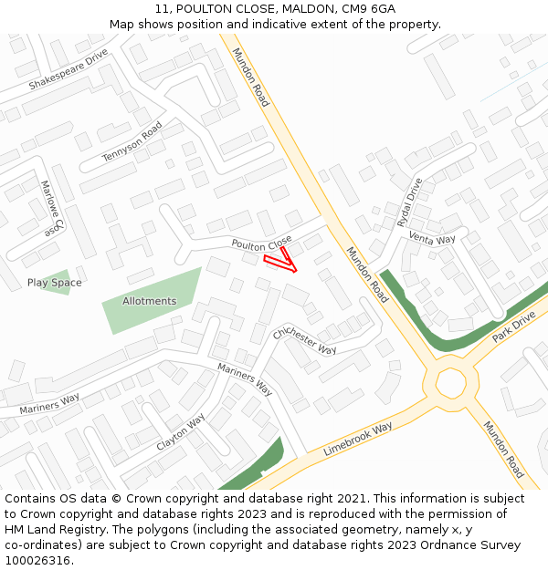 11, POULTON CLOSE, MALDON, CM9 6GA: Location map and indicative extent of plot