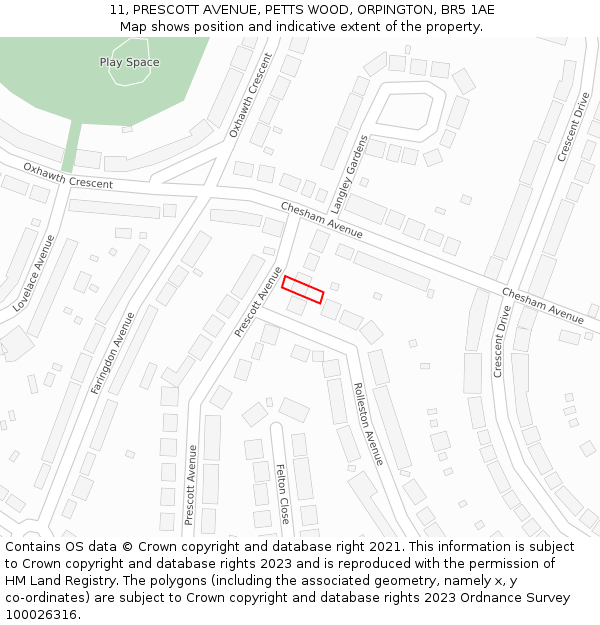 11, PRESCOTT AVENUE, PETTS WOOD, ORPINGTON, BR5 1AE: Location map and indicative extent of plot