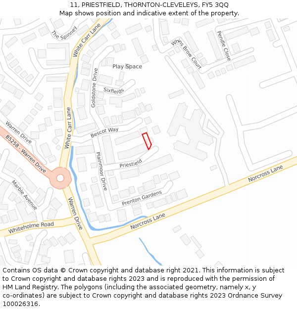 11, PRIESTFIELD, THORNTON-CLEVELEYS, FY5 3QQ: Location map and indicative extent of plot