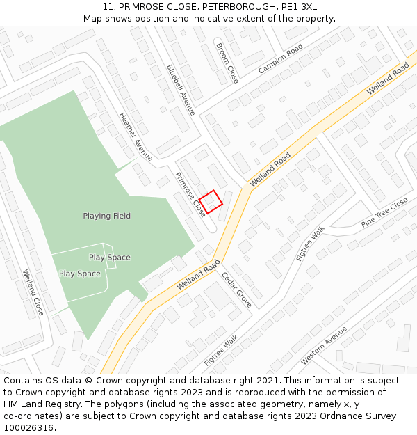 11, PRIMROSE CLOSE, PETERBOROUGH, PE1 3XL: Location map and indicative extent of plot