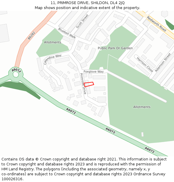 11, PRIMROSE DRIVE, SHILDON, DL4 2JQ: Location map and indicative extent of plot