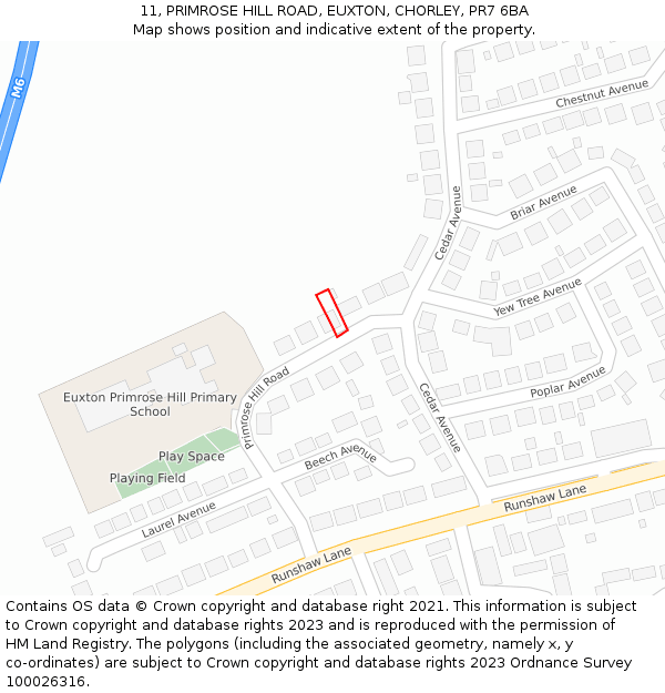 11, PRIMROSE HILL ROAD, EUXTON, CHORLEY, PR7 6BA: Location map and indicative extent of plot