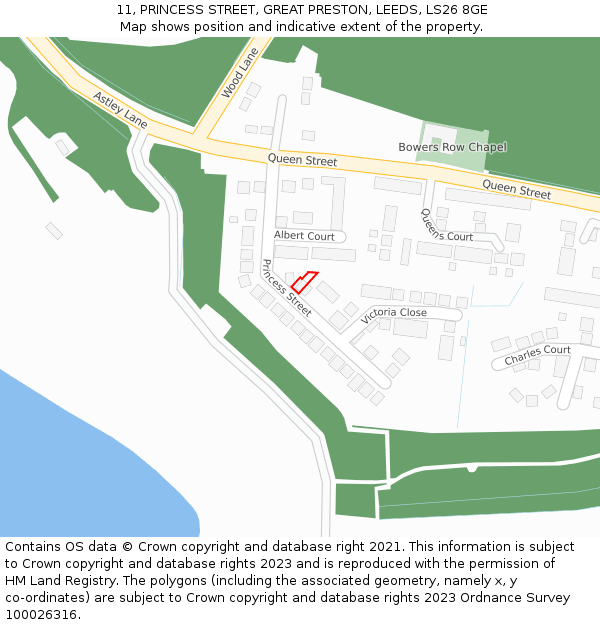 11, PRINCESS STREET, GREAT PRESTON, LEEDS, LS26 8GE: Location map and indicative extent of plot