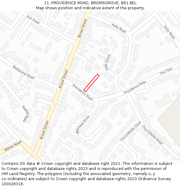 11, PROVIDENCE ROAD, BROMSGROVE, B61 8EL: Location map and indicative extent of plot
