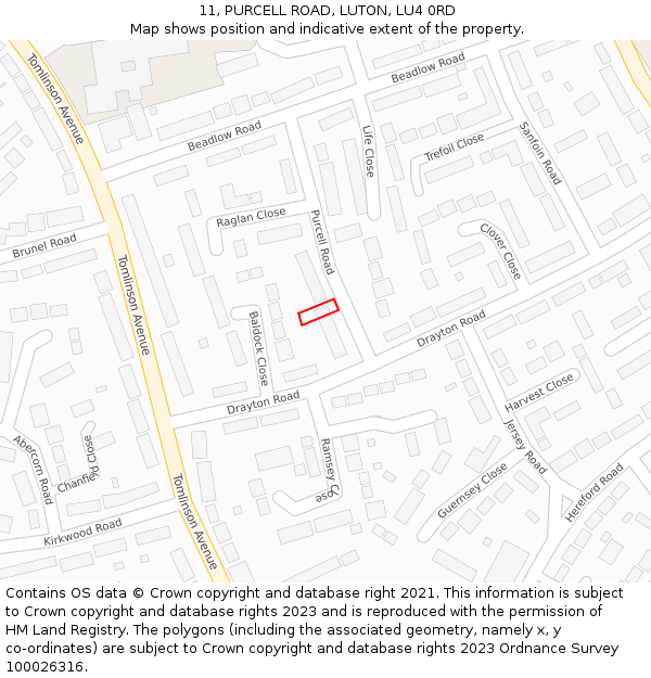 11, PURCELL ROAD, LUTON, LU4 0RD: Location map and indicative extent of plot