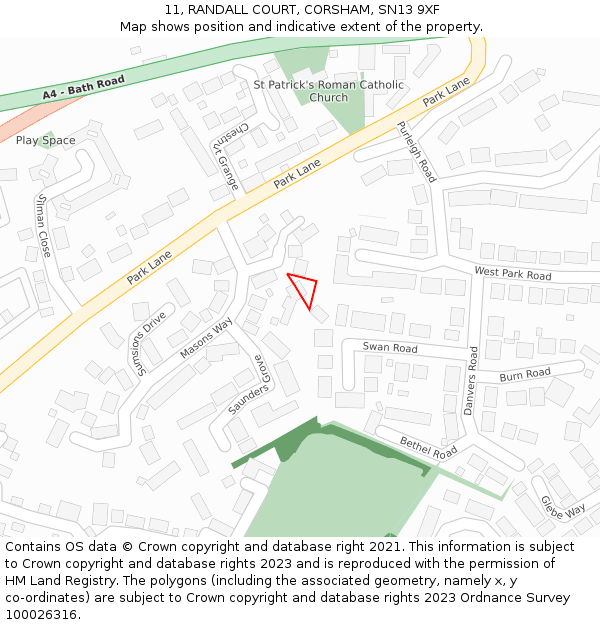 11, RANDALL COURT, CORSHAM, SN13 9XF: Location map and indicative extent of plot