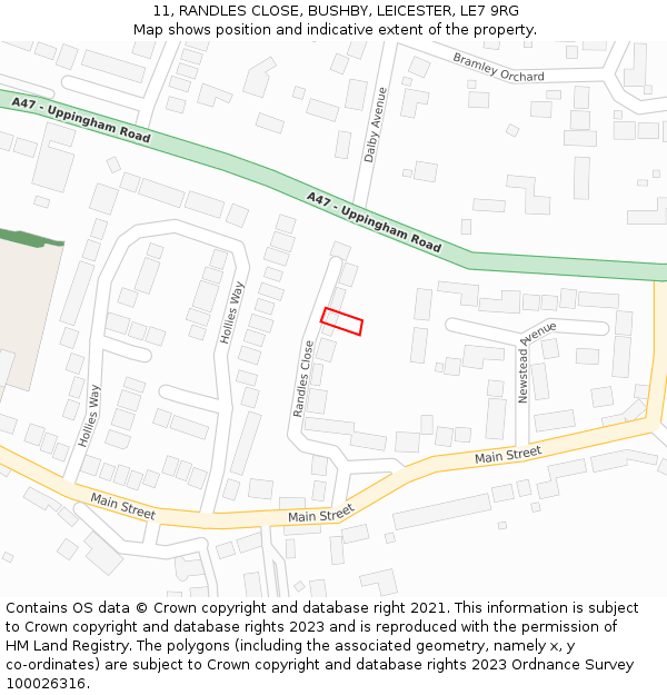 11, RANDLES CLOSE, BUSHBY, LEICESTER, LE7 9RG: Location map and indicative extent of plot