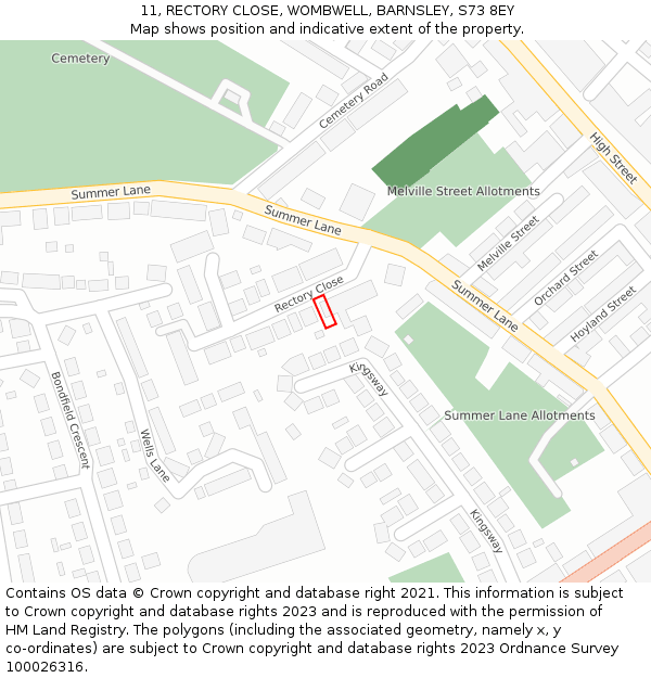 11, RECTORY CLOSE, WOMBWELL, BARNSLEY, S73 8EY: Location map and indicative extent of plot