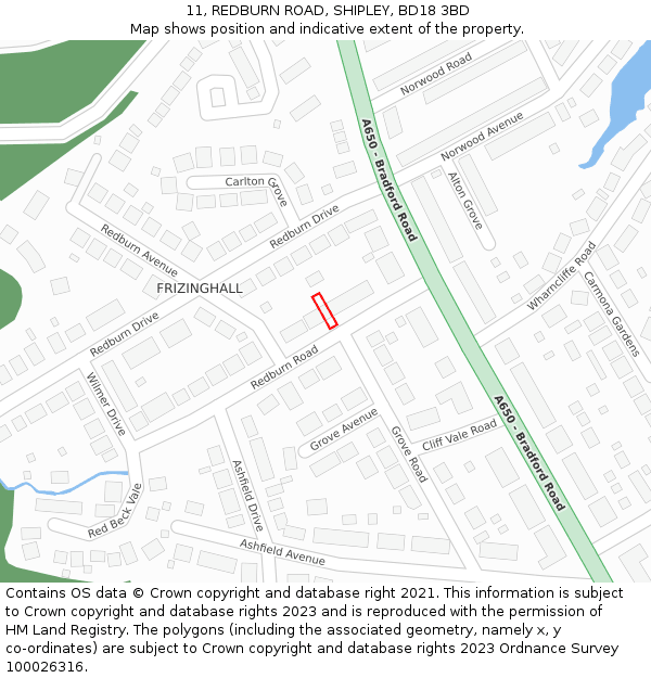 11, REDBURN ROAD, SHIPLEY, BD18 3BD: Location map and indicative extent of plot
