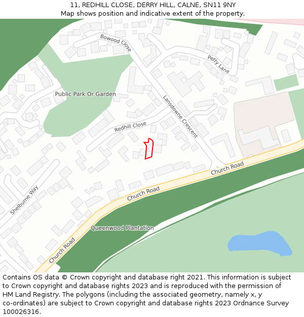 11, REDHILL CLOSE, DERRY HILL, CALNE, SN11 9NY: Location map and indicative extent of plot