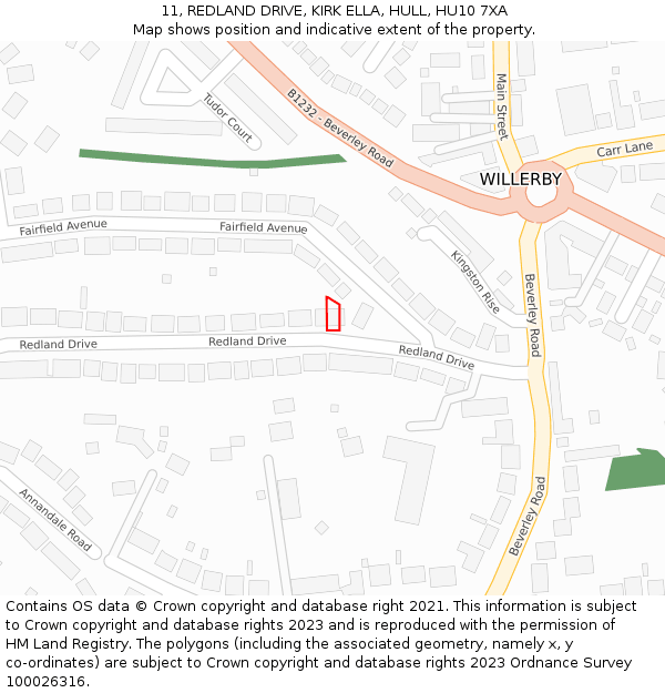 11, REDLAND DRIVE, KIRK ELLA, HULL, HU10 7XA: Location map and indicative extent of plot