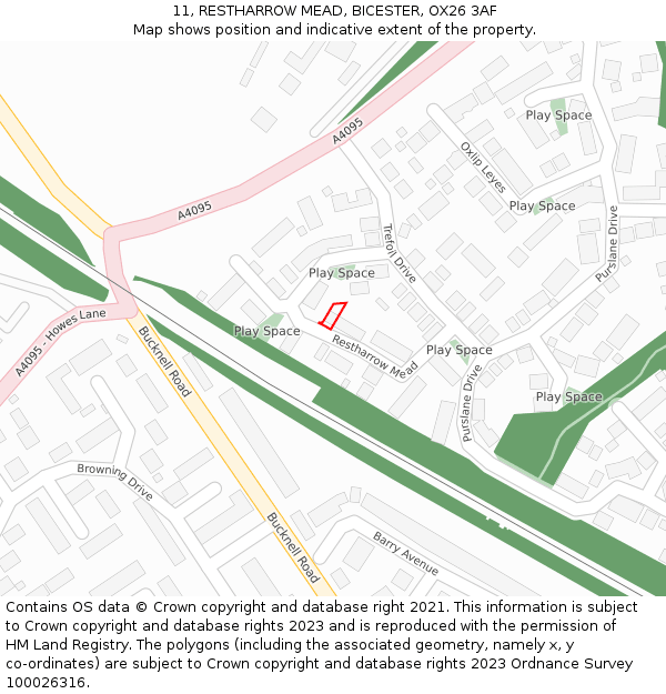 11, RESTHARROW MEAD, BICESTER, OX26 3AF: Location map and indicative extent of plot