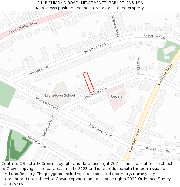 11, RICHMOND ROAD, NEW BARNET, BARNET, EN5 1SA: Location map and indicative extent of plot