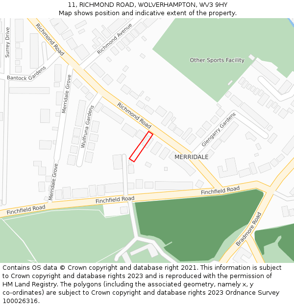 11, RICHMOND ROAD, WOLVERHAMPTON, WV3 9HY: Location map and indicative extent of plot