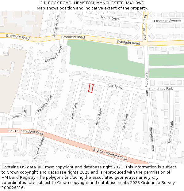 11, ROCK ROAD, URMSTON, MANCHESTER, M41 9WD: Location map and indicative extent of plot